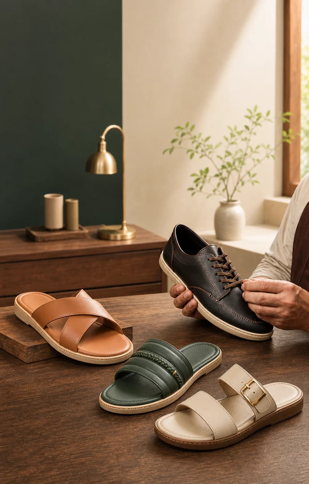 Footwear artisan inspecting a carefully finished shoe beside a premium collection